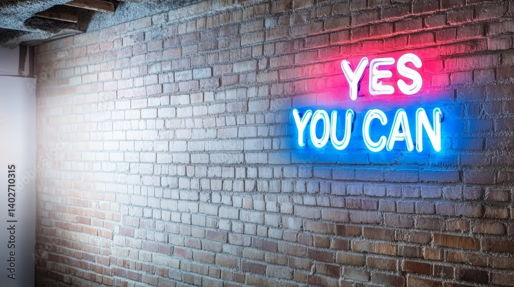 Obraz premium Motivational neon sign on brick wall: yes you can 