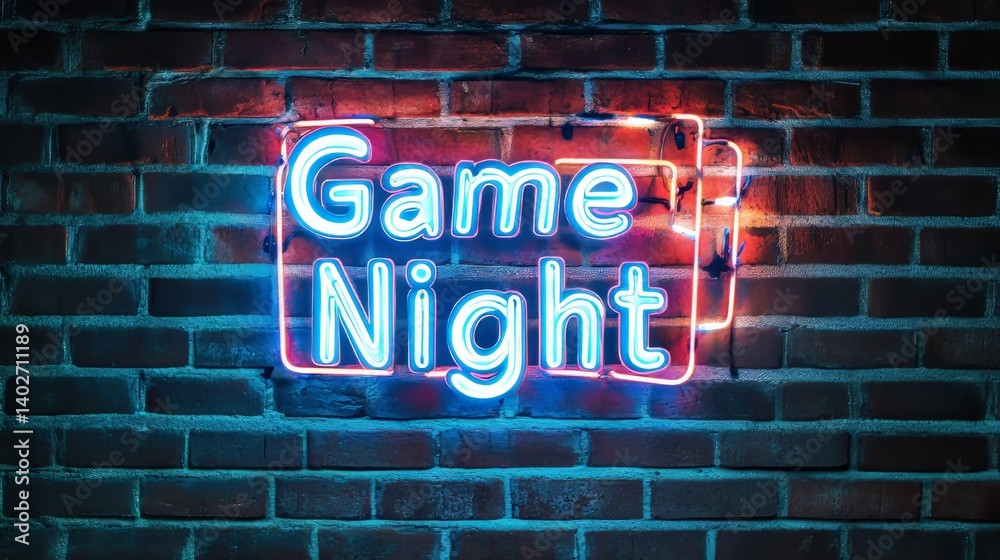 Game night neon sign on brick background: entertainment and leisure concept perfect for social events gaming and fun advertisements Game night neon sign on brick background: entertainment and leisure concept perfect for social events gaming and fun advertisements