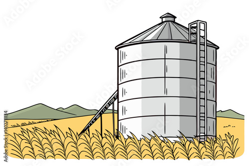 A functional grain bin silo with ladders and ventilation features, perfect for keeping grains safe during storage in agricultural environments