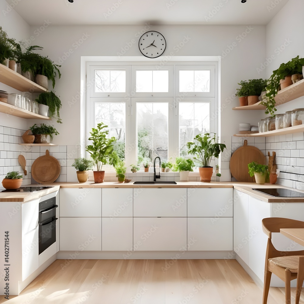 Fototapeta premium Bright Modern Kitchen with Abundant Plants and Natural Light