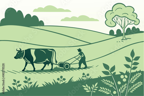 A farmer using a cow to pull a plow in a lush field, illustrating traditional agricultural techniques for cultivating land and preparing soil