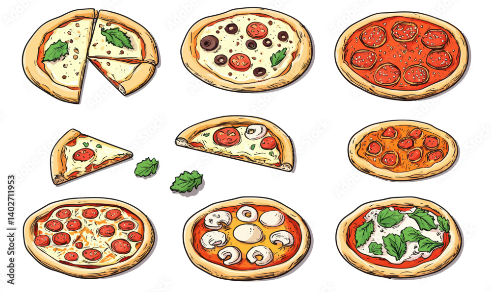 Hand-Drawn Cartoon Pizza Set with Ingredients and Whole Slices Vector Illustration Hand-Drawn Cartoon Pizza Set with Ingredients and Whole Slices Vector Illustration
