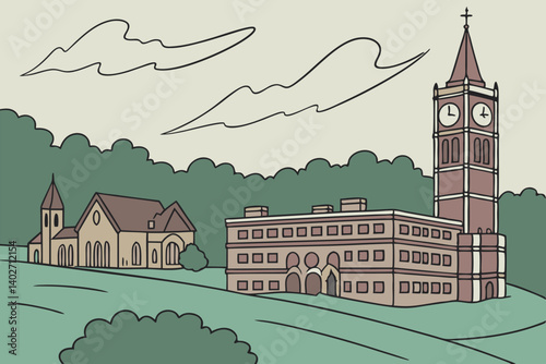 A picturesque campus with iconic clock towers, historical buildings, and peaceful greenery, perfect for representing academic or collegiate settings