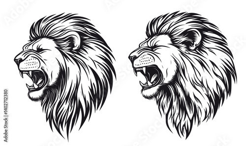 Roaring Lion King Tattoo Set: Front and Side Minimalist Ink Sketch Vector