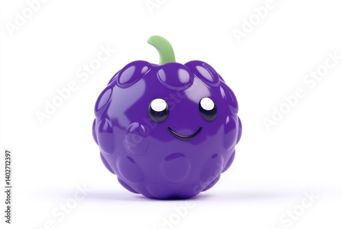 A cute, cartoonish purple fruit with a happy face, 3D rendered.