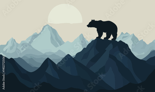 Silhouette of Bear on Mountain Range in Dark Azure and Gray Vector Illustration