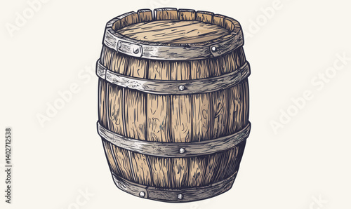 Rustic Oak Wooden Barrel Hand Drawn in Vintage Engraving Style for Distillery Art