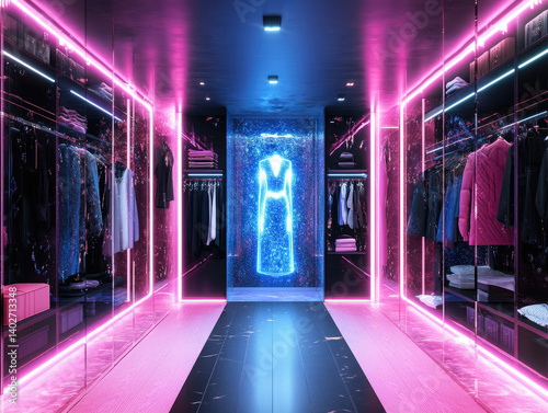 w. Fashion-tech digital closet with glowing holograms for outfit selection, sleek mirror walls and ambient lighting 