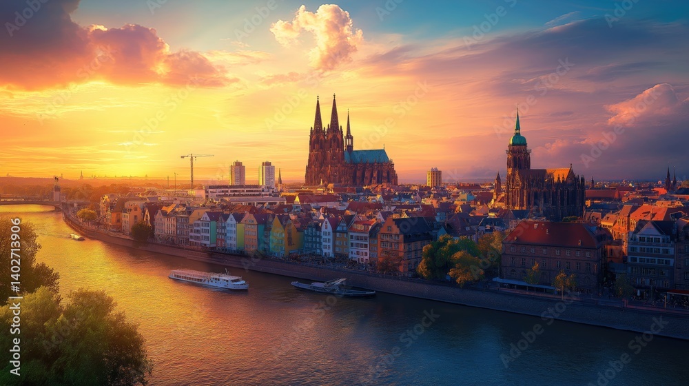 Panoramic city skyline at sunset over a river. Colorful buildings, cathedral, and boats Panoramic city skyline at sunset over a river. Colorful buildings, cathedral, and boats