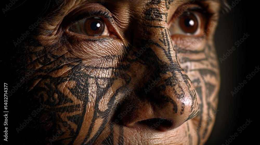 Obraz premium CloseUp Face of Tribal Indigenous Elderly Woman with Traditional Tattoo with Black Background