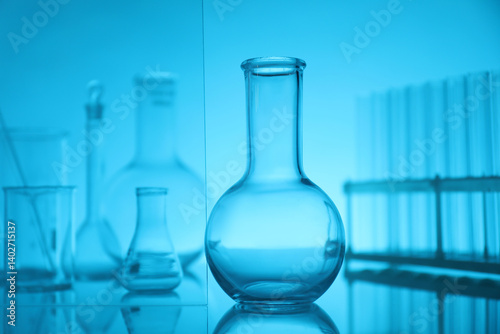 Laboratory glassware on mirror surface against light blue background