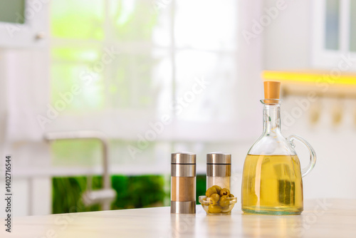 Wallpaper Mural Salad dressings, spices and olives on table in kitchen. Space for text Torontodigital.ca