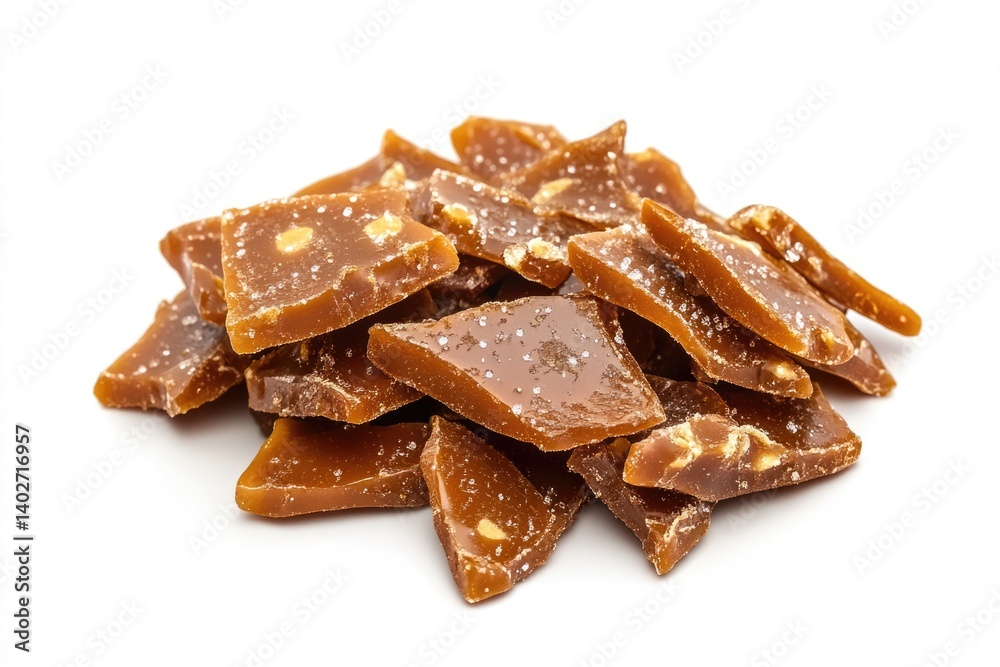 A pile of crunchy, golden-brown brittle candy pieces, sprinkled with salt. A pile of crunchy, golden-brown brittle candy pieces, sprinkled with salt.
