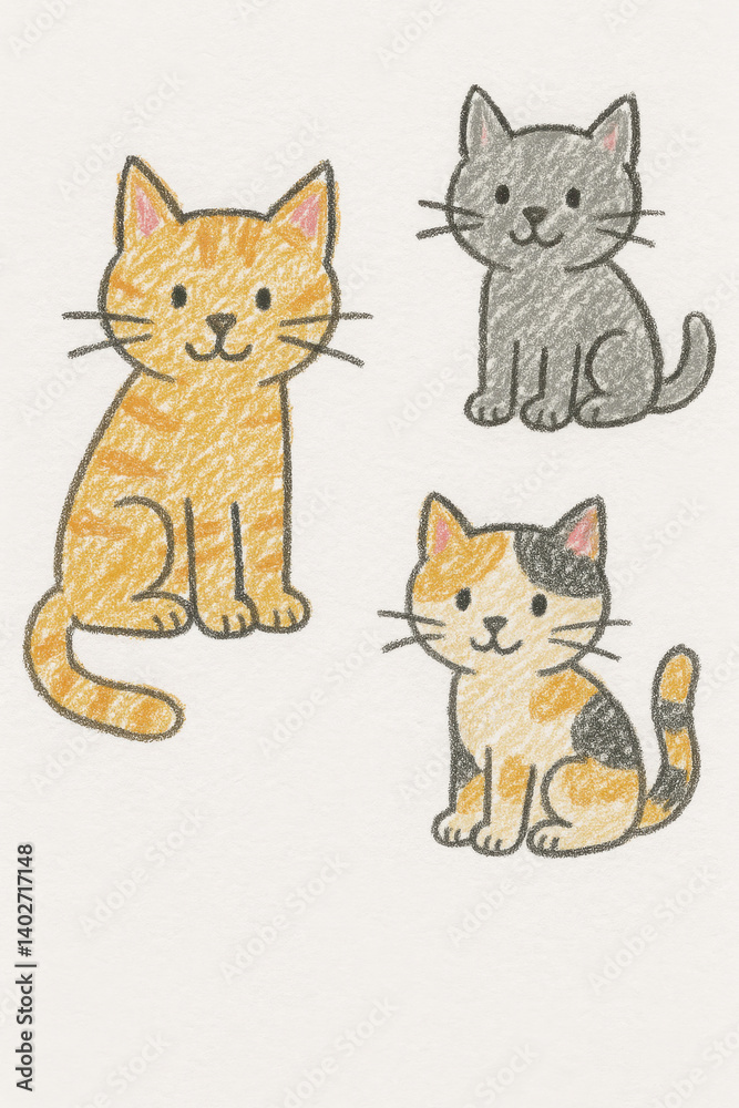 The playful pencil sketch mimics a child's drawing. Three adorable cats—a ginger tabby, a gray kitten, and a calico cat—sit happily together, drawn in bright crayon colors with friendly expressions. The playful pencil sketch mimics a child's drawing. Three adorable cats—a ginger tabby, a gray kitten, and a calico cat—sit happily together, drawn in bright crayon colors with friendly expressions.