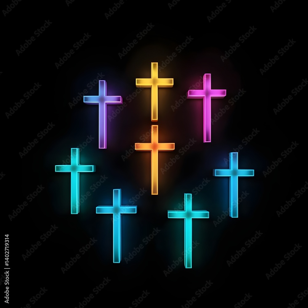 Obraz premium Neon Crosses on Black Background
