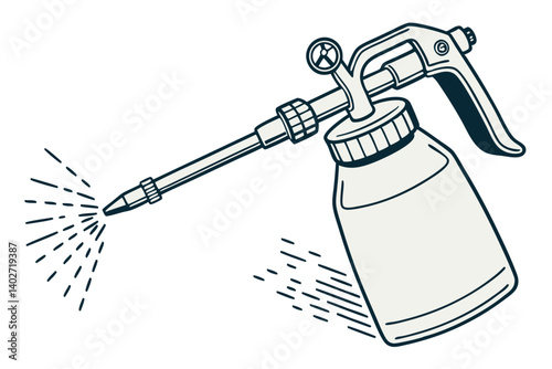 Line art of a spray bottle, vector drawing showing a sprayer dispensing liquid from a plastic container