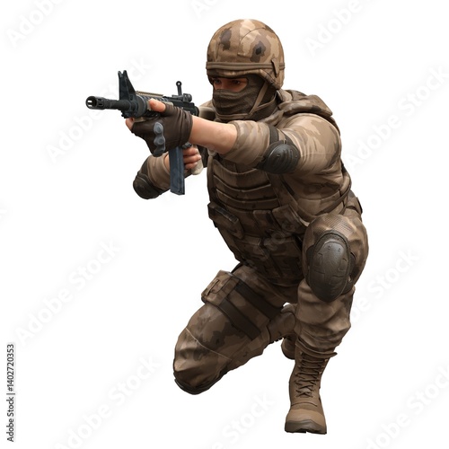 Cuadro en lienzo Soldier with a machine gun isolated white background 3d illustration