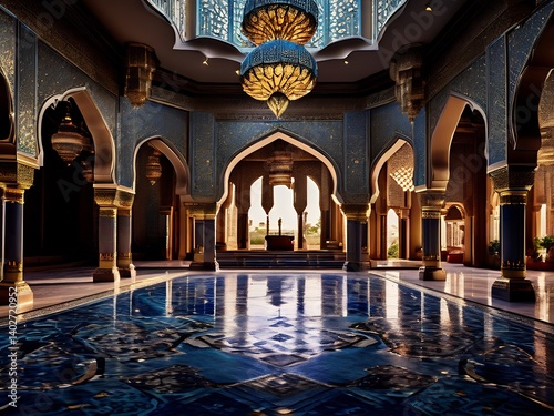 Grand Interior of a Palace with a Pool and Intricate Decor
