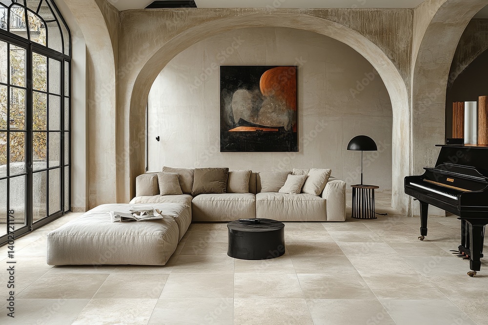 Fototapeta premium Modern living room with large beige floor tiles, white walls, black piano, gray sofa, cream armchair, and an oil painting.