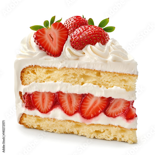 A thick slice of strawberry shortcake with a spongy cake base, whipped cream layers, and fresh sliced strawberries
