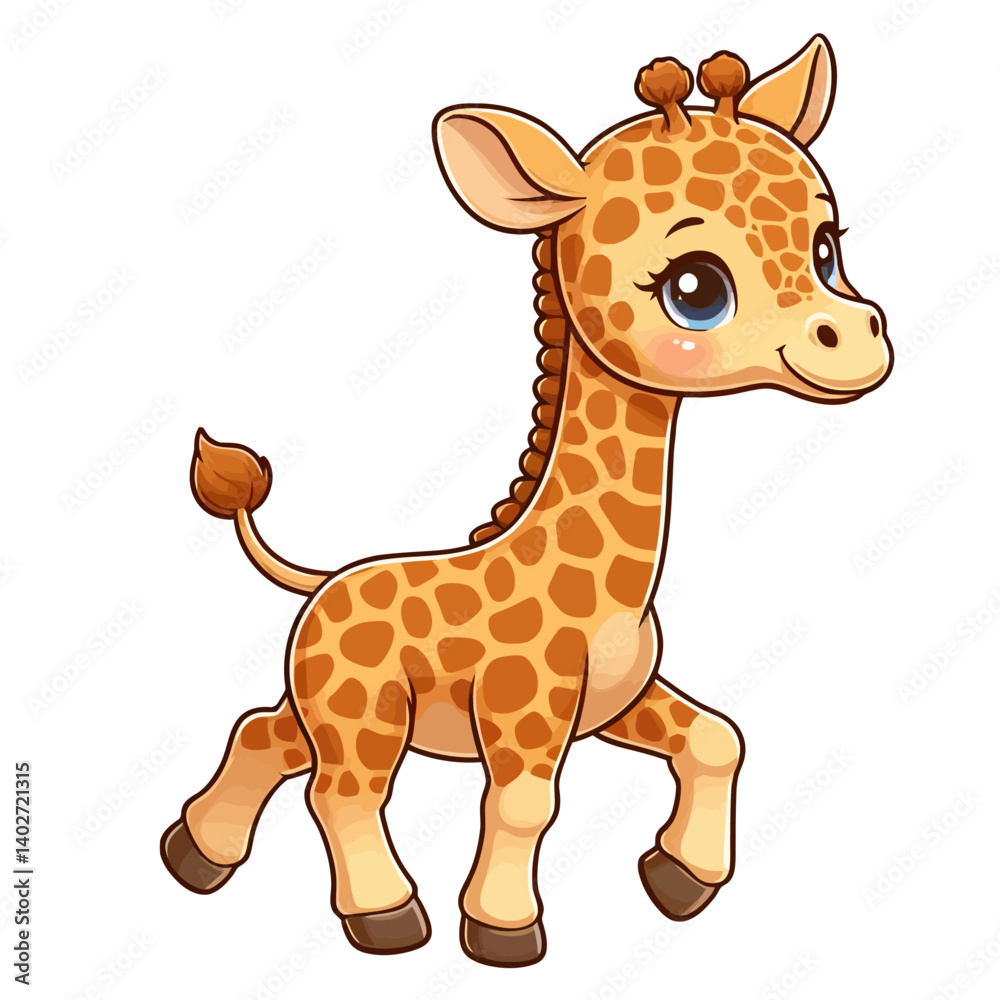 Charming cartoon illustration of a cute baby giraffe with big, adorable eyes, characteristic spots, long neck, and a playful expression, taking a step. Represents adorable animals, African wildlife Charming cartoon illustration of a cute baby giraffe with big, adorable eyes, characteristic spots, long neck, and a playful expression, taking a step. Represents adorable animals, African wildlife