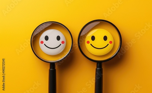 Magnifying glass focusing on a simple line drawing of a white smiley face icon with both sad and happy expressions on a yellow background.