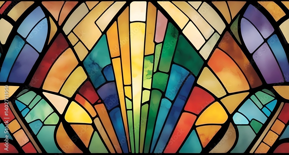 Fototapeta premium Abstract stained glass window design featuring vibrant colors and geometric shapes in a symmetrical pattern
