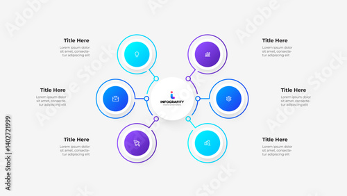 Colorful infographic design with circular nodes connected by lines, representing various concepts suitable for presentations, statistics, or data visualization in business and creative industries