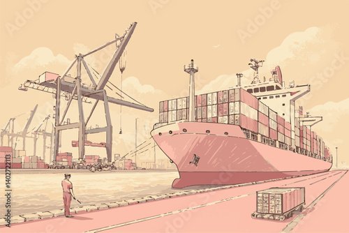 Shipyard operations with ship loading and unloading scenes, Industrial Port Scene with Container Ship and Cranes in Vintage Style