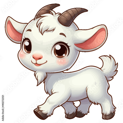 Charming cartoon illustration of a cute baby goat with big, adorable green eyes, white fluffy fur, small horns, and a playful expression, taking a step. Represents adorable animals, farm animals, and 