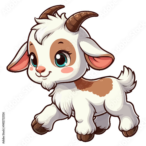Charming cartoon illustration of a cute baby goat with big, adorable green eyes, white fluffy fur, small horns, and a playful expression, taking a step. Represents adorable animals, farm animals, and 