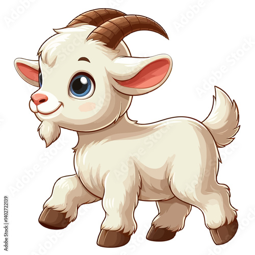 Charming cartoon illustration of a cute baby goat with big, adorable green eyes, white fluffy fur, small horns, and a playful expression, taking a step. Represents adorable animals, farm animals, and 