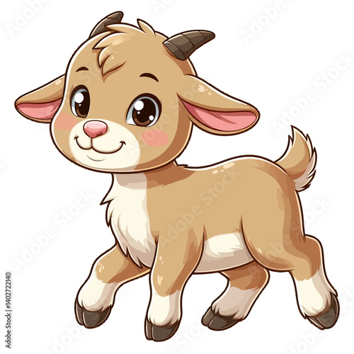 Charming cartoon illustration of a cute baby goat with big, adorable green eyes, white fluffy fur, small horns, and a playful expression, taking a step. Represents adorable animals, farm animals, and 