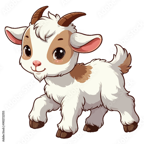 Charming cartoon illustration of a cute baby goat with big, adorable green eyes, white fluffy fur, small horns, and a playful expression, taking a step. Represents adorable animals, farm animals, and 