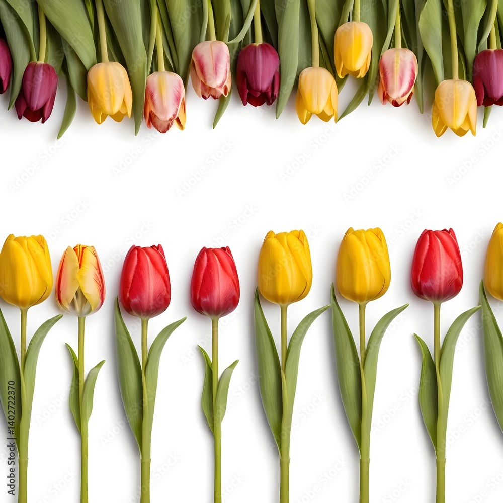 Fototapeta premium Colorful Tulips Border on White Background