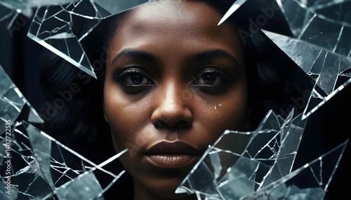 Shattered Reflection Woman Behind Broken Glass