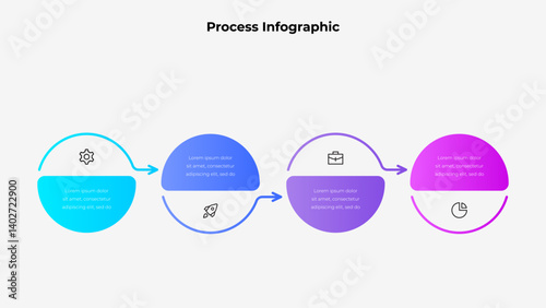 Colorful circular infographic with four steps and icons, representing a workflow or process concept for business or data visualization