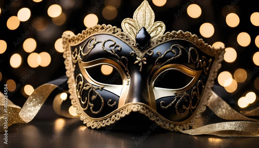 Naklejka premium Elegant Black and Gold Venetian Mask with Glitter