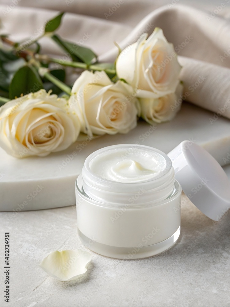 Romantic Opulence: Cream Jar Mockup Adorned with Delicate White Roses - Cosmetic Products Mockups and Backgrounds Romantic Opulence: Cream Jar Mockup Adorned with Delicate White Roses - Cosmetic Products Mockups and Backgrounds