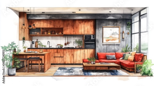 Watercolor style drawing presents open concept kitchen and living
