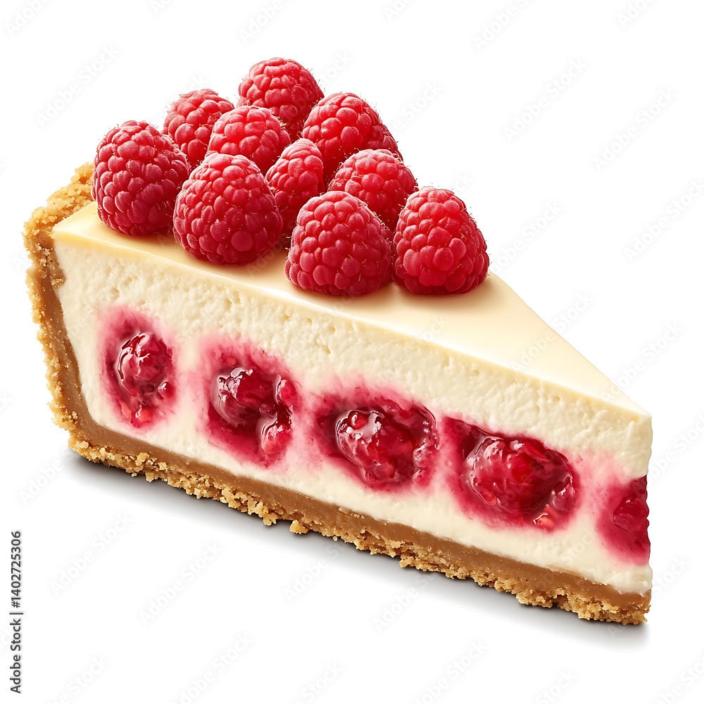 A thick slice of white chocolate raspberry cheesecake with a creamy filling, fresh raspberries, and a buttery graham cracker crust A thick slice of white chocolate raspberry cheesecake with a creamy filling, fresh raspberries, and a buttery graham cracker crust
