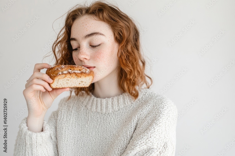 A young woman with freckles and curly red hair holds a piece of bread, savoring its aroma. A young woman with freckles and curly red hair holds a piece of bread, savoring its aroma.