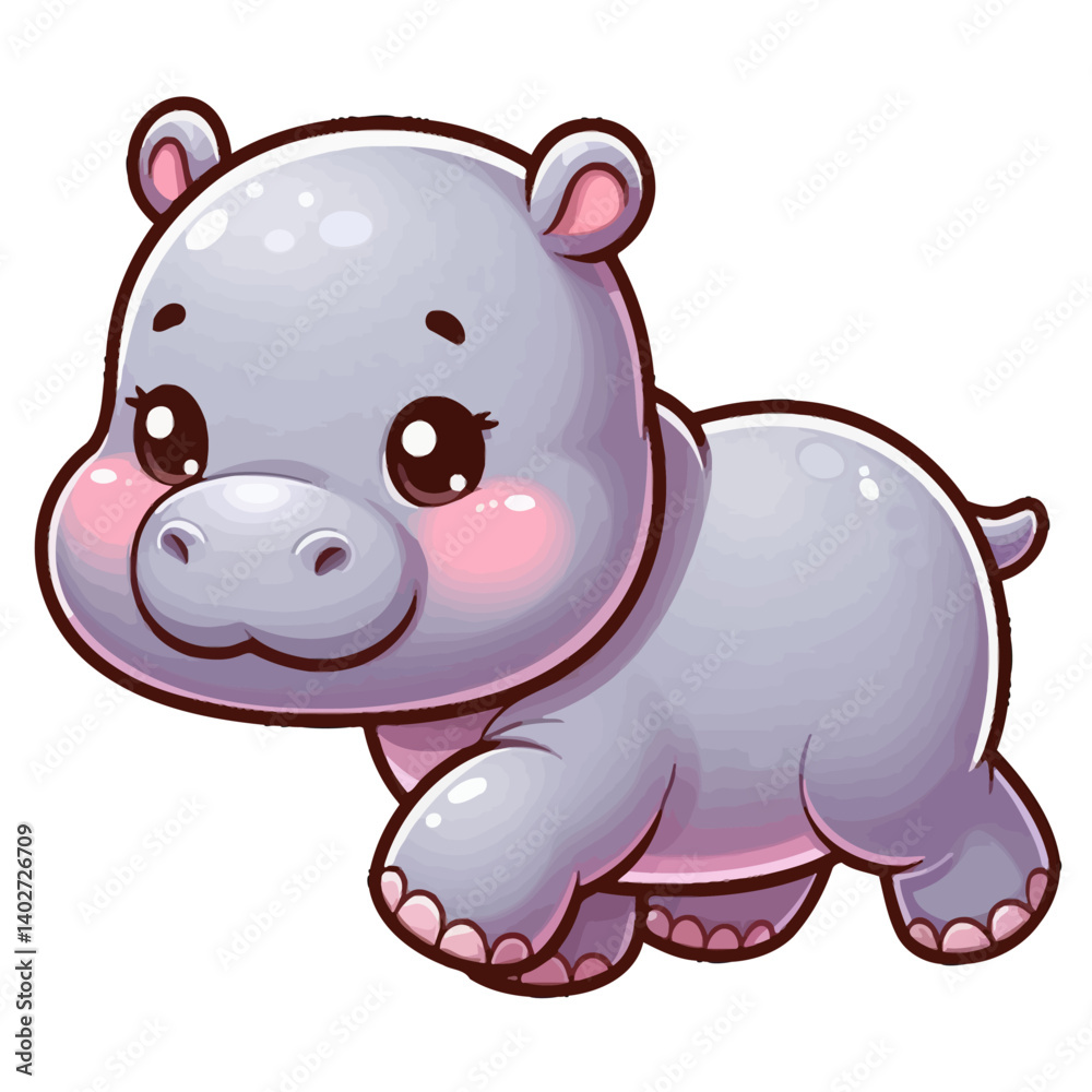 Obraz premium Charming cartoon illustration of a cute baby hippopotamus with big, adorable eyes, a round body, and a gentle smile, taking a step. Represents adorable animals, African wildlife, and children's themes