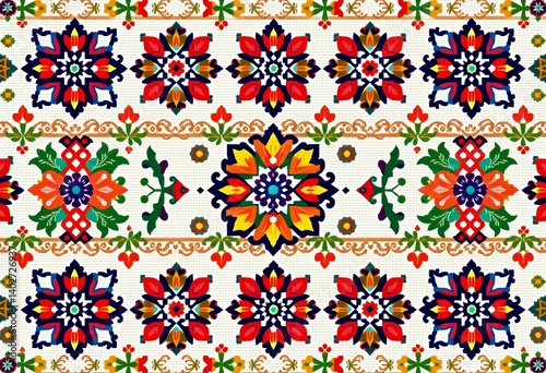 Vector cross stitch pattern; geometric floral motifs in traditional Bosnian Zmijanjski Vez style, red, Bosnian