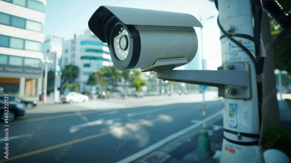 A modern surveillance camera monitors traffic on a busy city street, ensuring safety and security for everyone. A modern surveillance camera monitors traffic on a busy city street, ensuring safety and security for everyone.