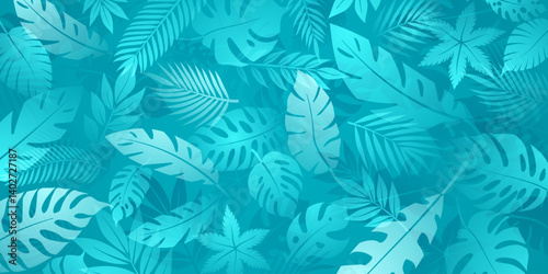A detailed vector illustration featuring a vibrant leaf pattern in light blue tones. The design is intricate, with various leaf shapes and sizes, creating a lush, tropical feel.