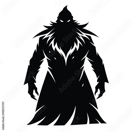 Silhouette of a Dark Fantasy Villain: Mysterious Shadow Figure with Glowing Eyes, Cloaked Character in Vector Illustration Style
