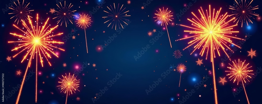 Naklejka premium Vector illustration of sparkling fireworks in various shapes and sizes, vector art, festive
