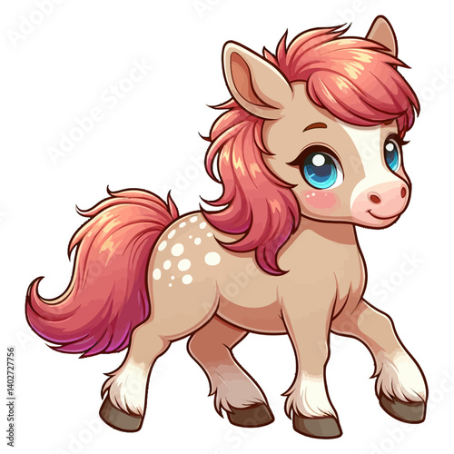 Charming cartoon illustration of a cute pony with big, adorable blue eyes, a flowing brown and pink mane and tail, and a gentle expression, taking a step. Represents adorable animals, fantasy creature