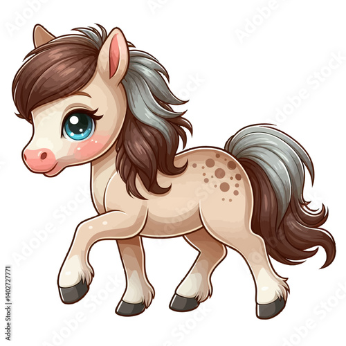 Charming cartoon illustration of a cute pony with big, adorable blue eyes, a flowing brown and pink mane and tail, and a gentle expression, taking a step. Represents adorable animals, fantasy creature